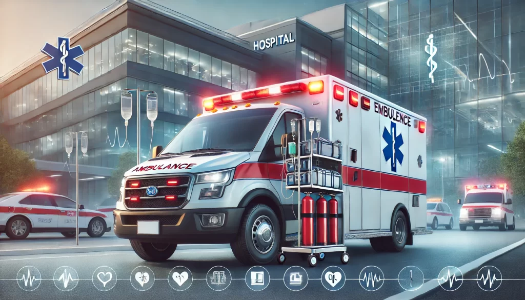 Acil bir sağlık durumunda, uzman sağlık ekibi tarafından hızla yapılan ambulans hizmeti.